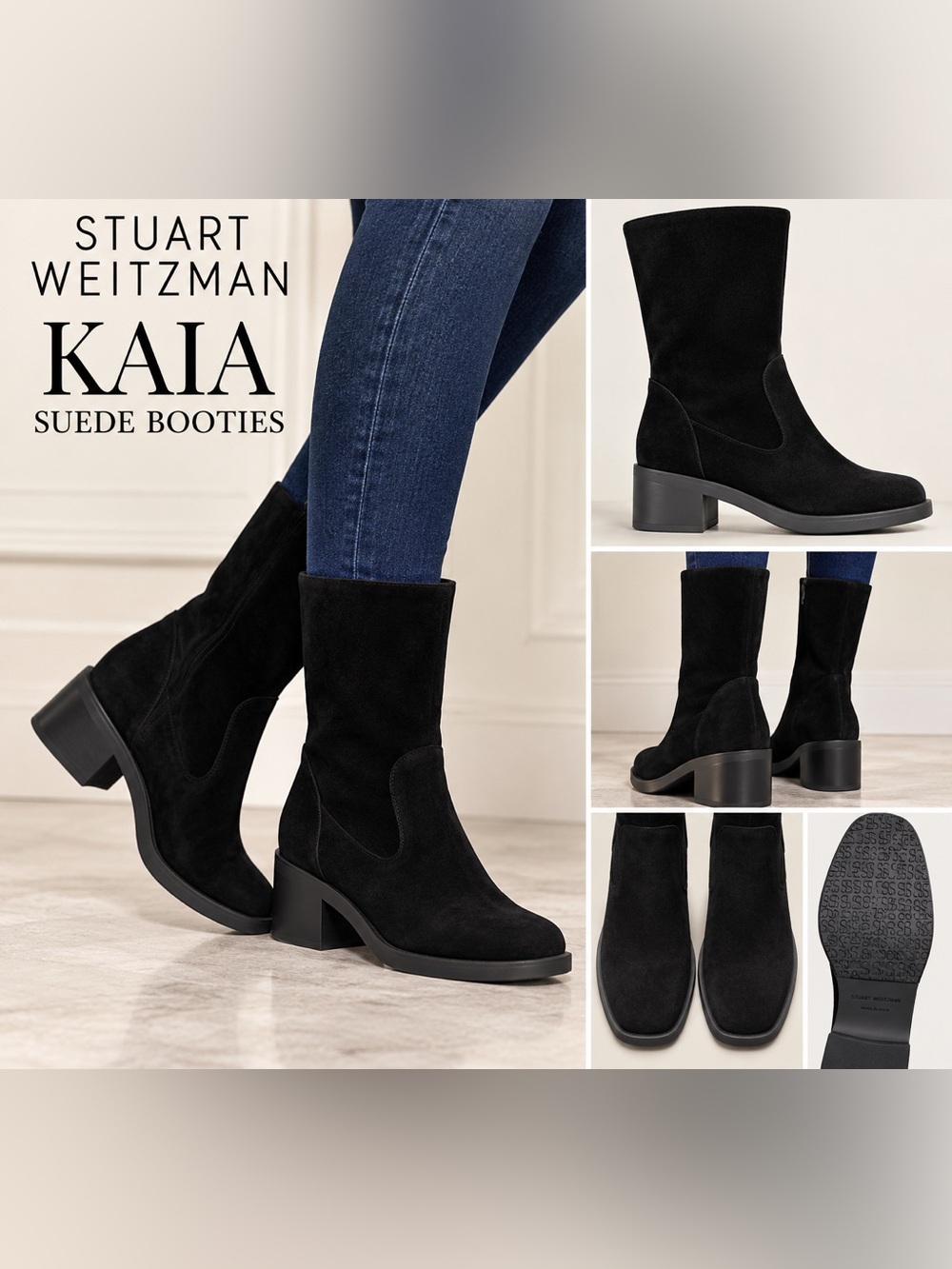 Stuart Weitzman Kaia Black Suede Booties Block Heel Size 10B NWOB